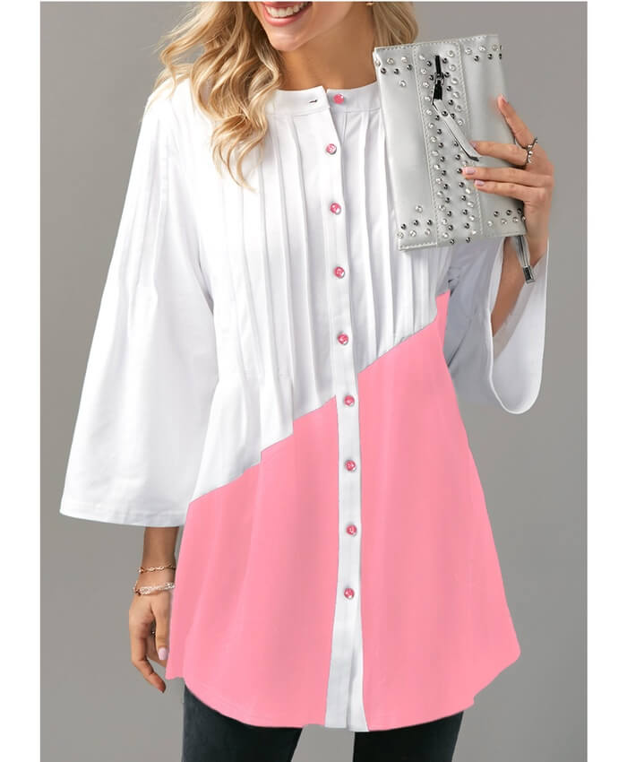 Three Quarter Sleeve Button Up Pink Pleated Blouse